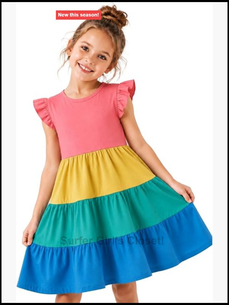 Girls Cotton Tiered Dress Flutter Ruffle Sleeve Swing Sundress Casual Party